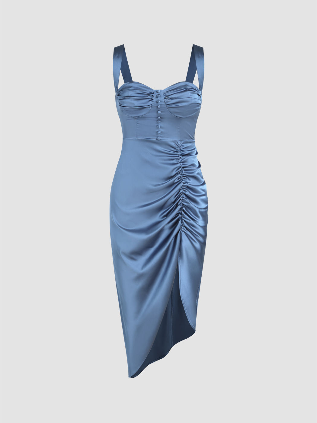 Solides, gerafftes Midikleid aus Satin mit V-Ausschnitt