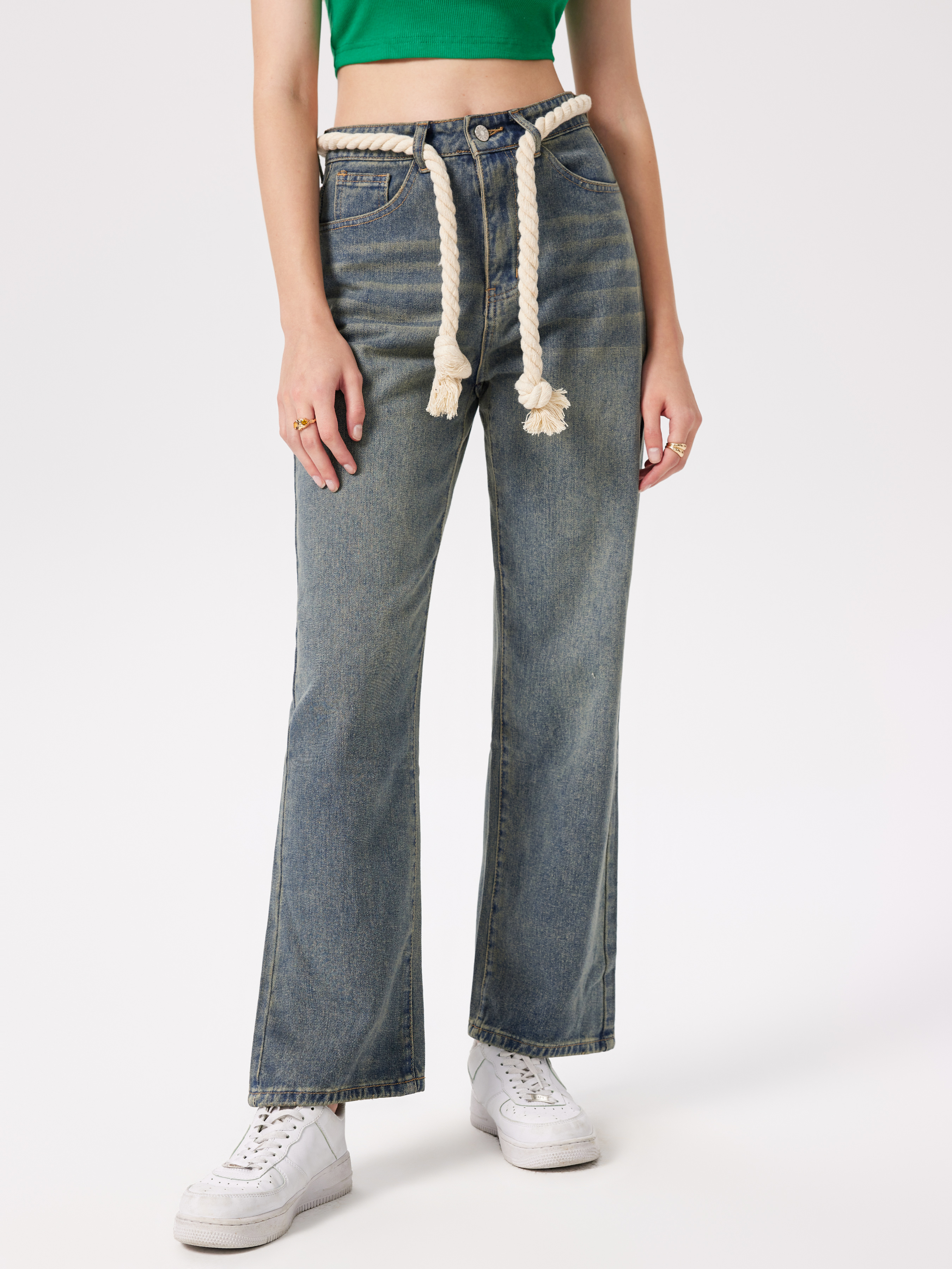 Denim High Waist Rope Belted Wide Leg Jeans For School Daily