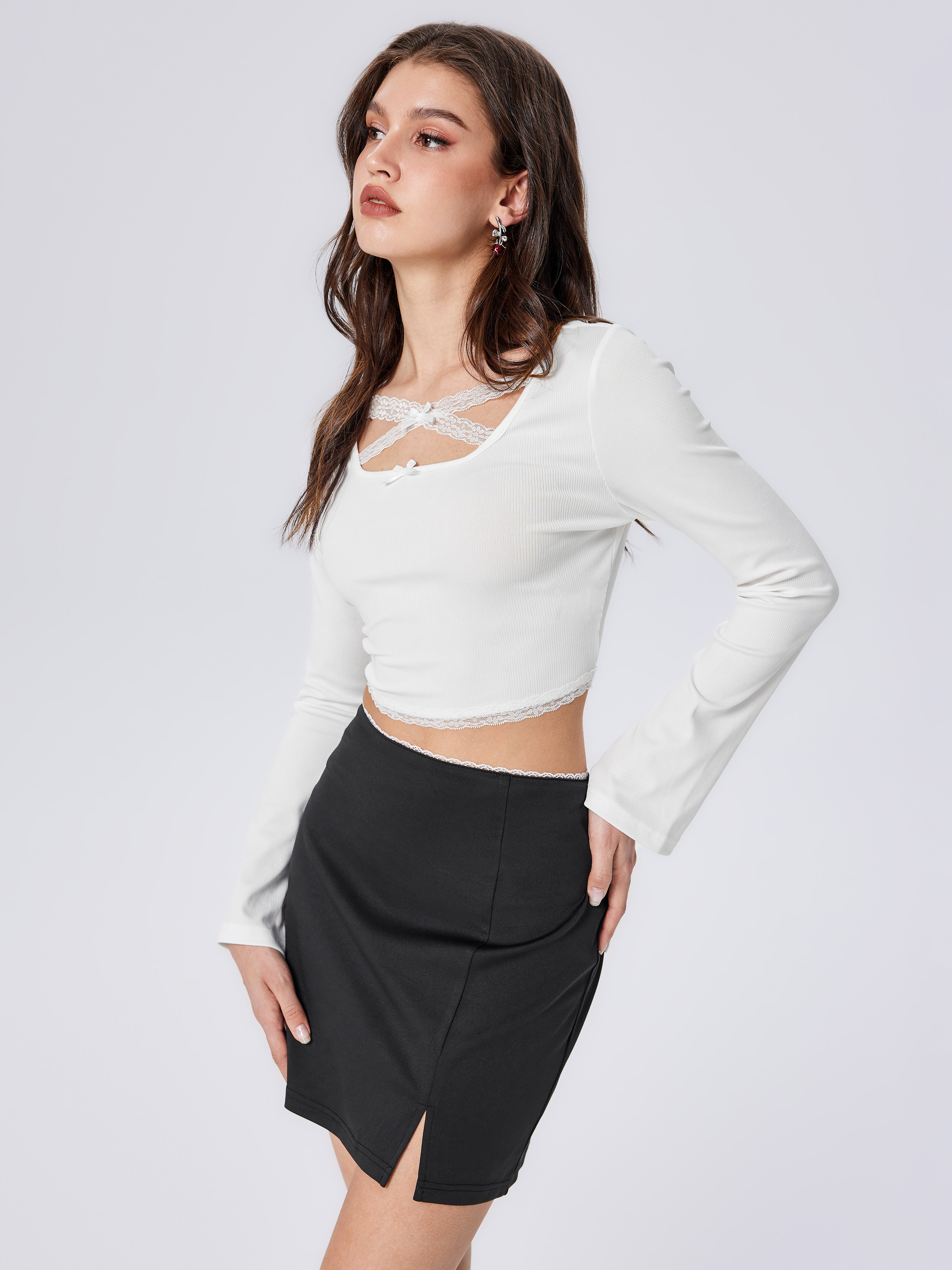 Lace Trim Long Sleeve Crop Top - Cider