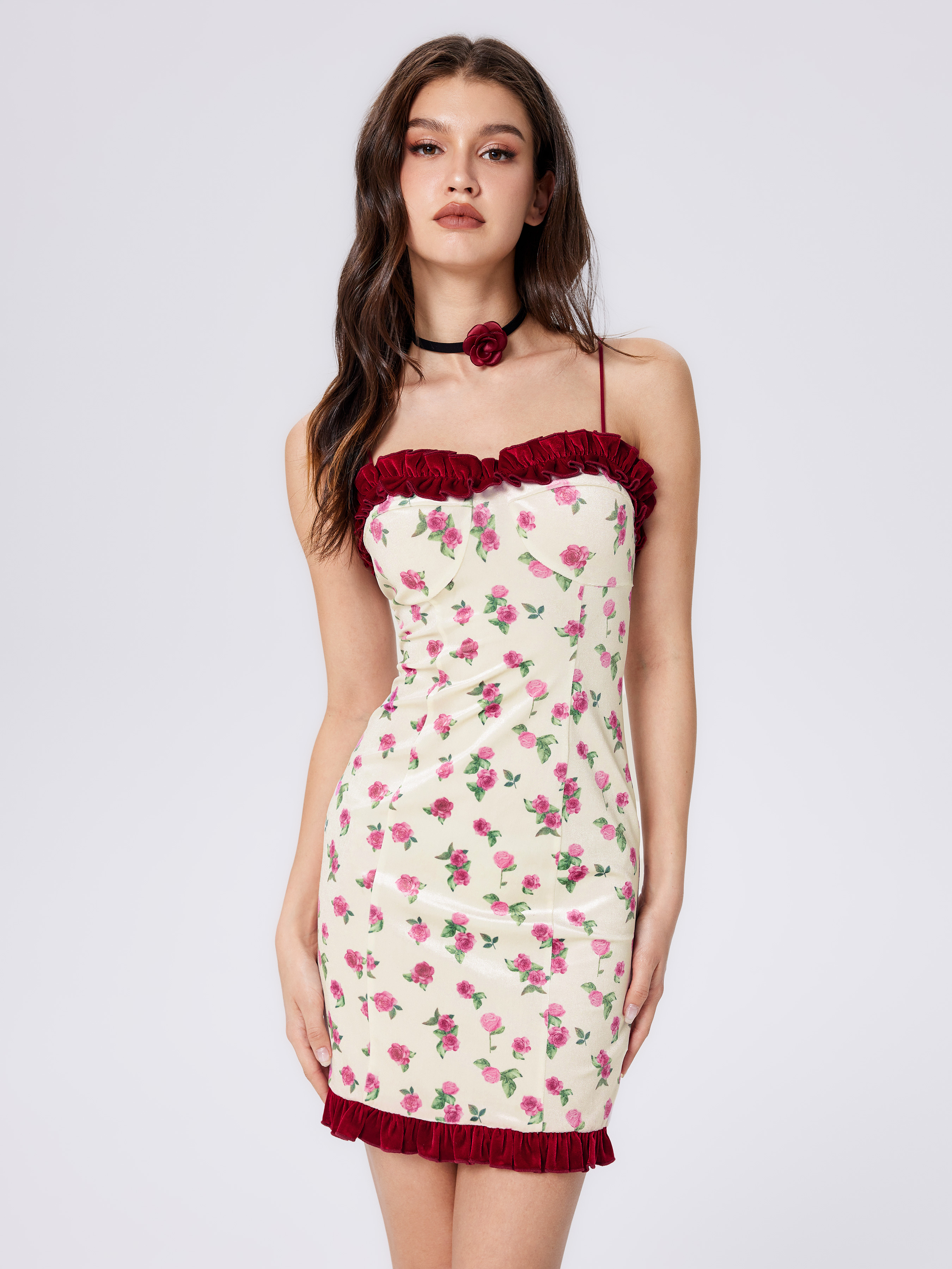 Satin Ruffle Trim Rose Cami Short Dress - Cider