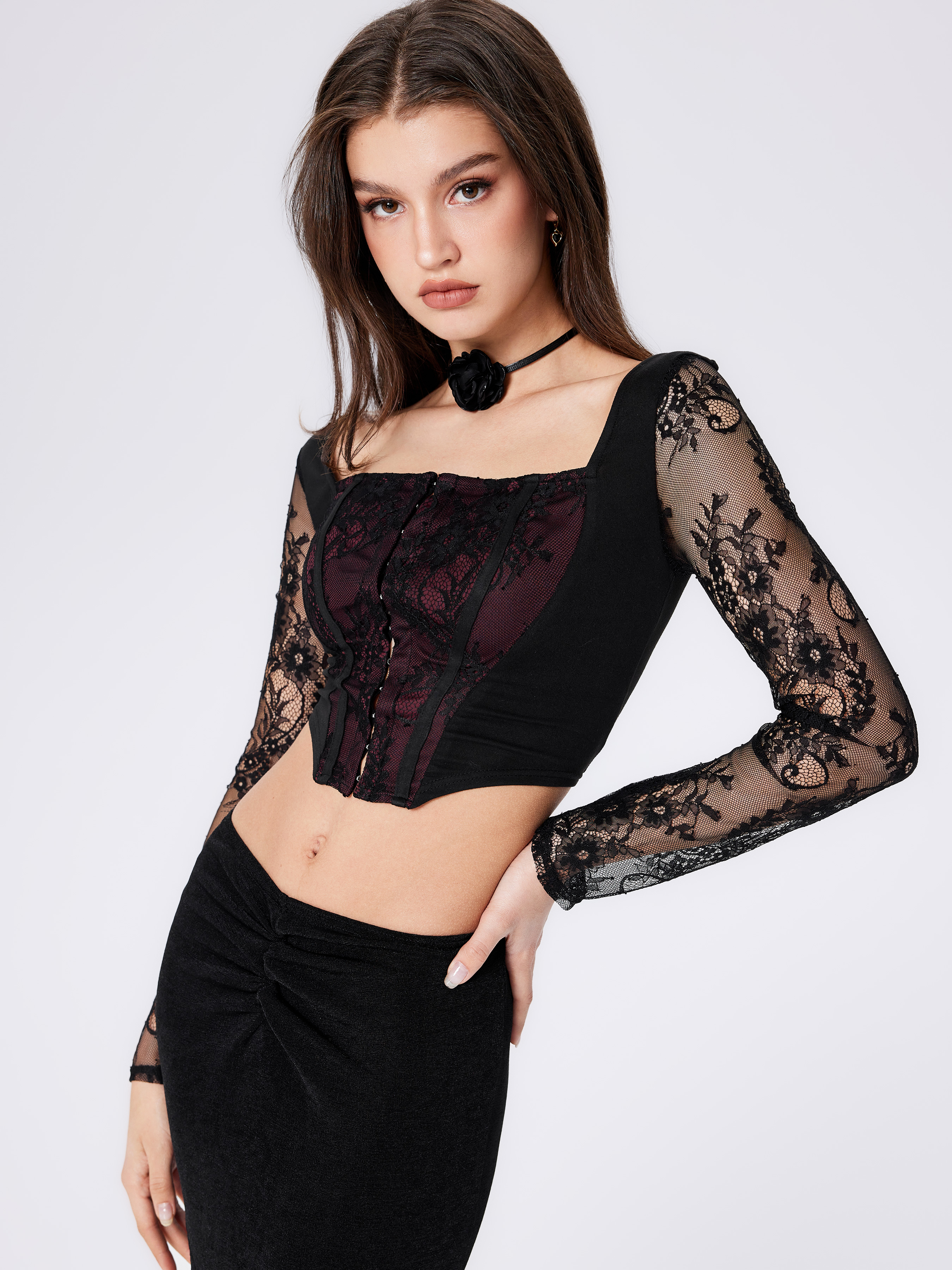 CIDER Lace Square Neck Knotted Long Sleeve Top - Feminine Lace Blouse With Bow Detail