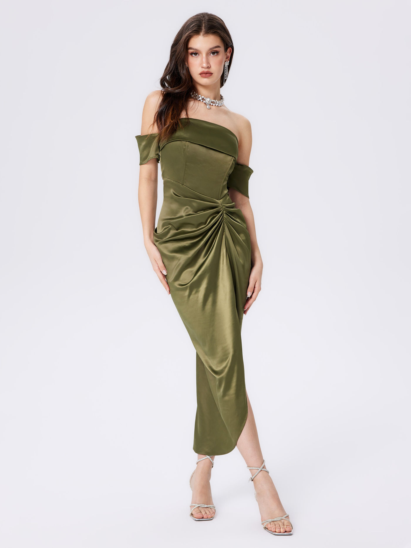 Solid Ruched Strapless Midi Dress