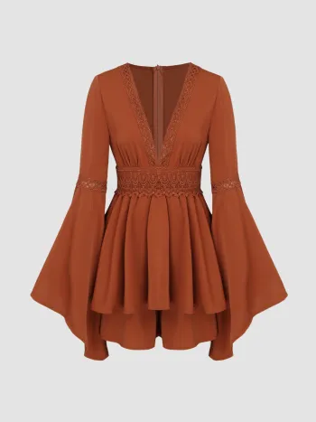 Solid Lace V-neck Bell Sleeve Playsuit