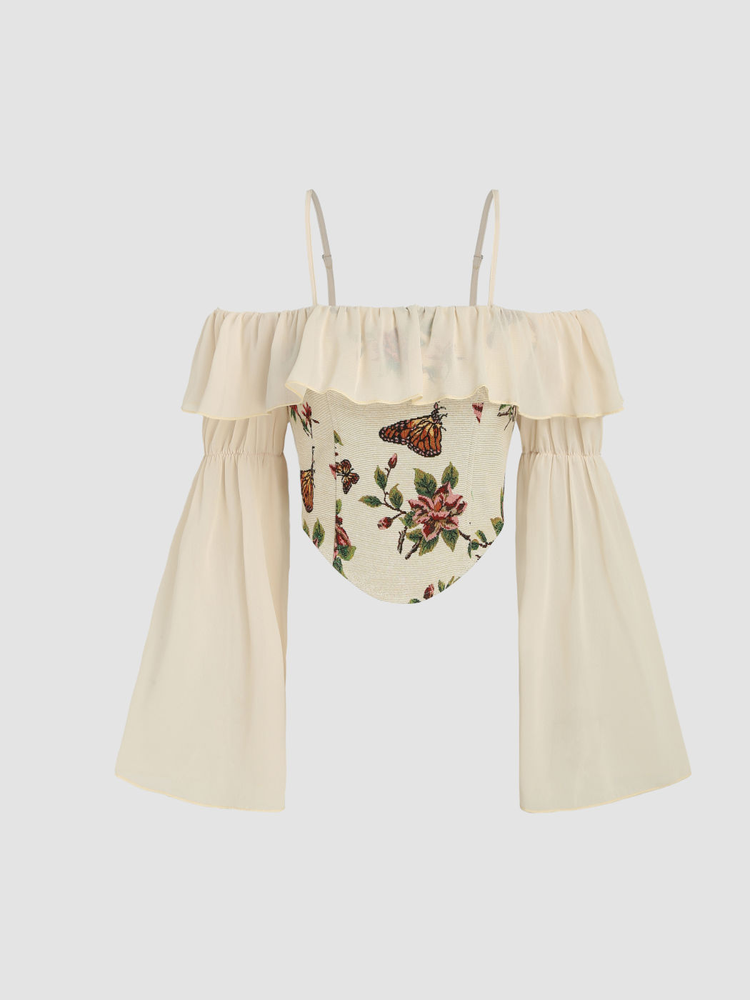 Schulterfreies Korsett-Crop-Top mit Blumen- und Schmetterlingsrüschen