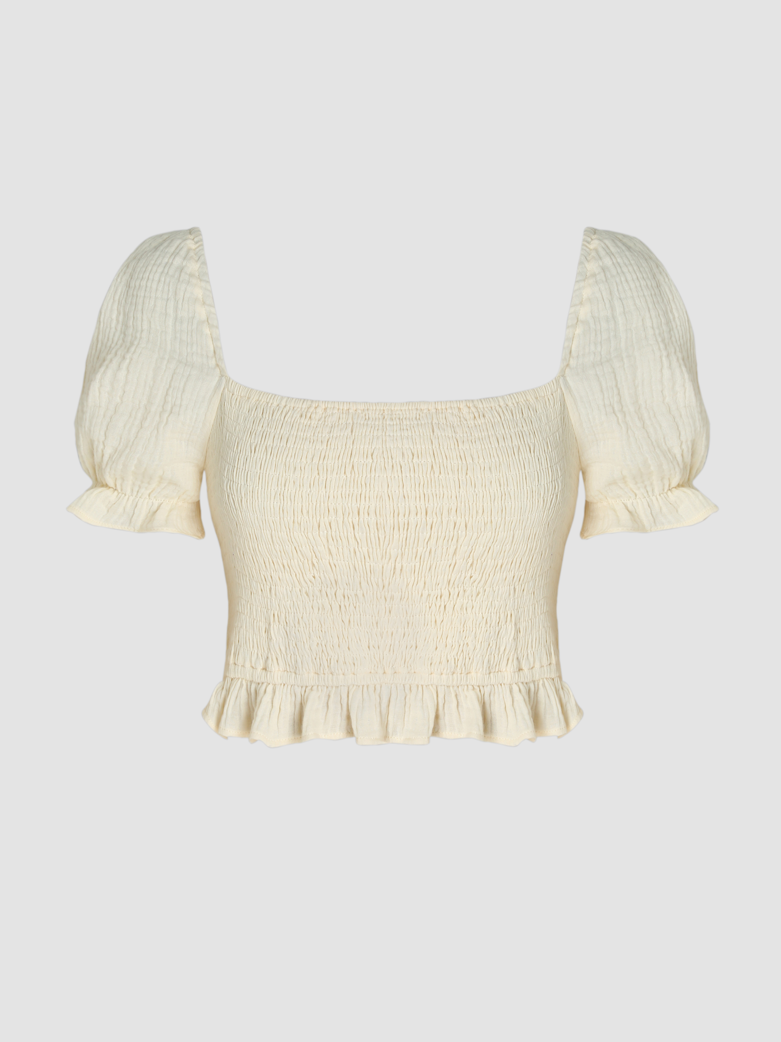 Solid Square Neck Puff Sleeve Shirred Crop Top - Cider