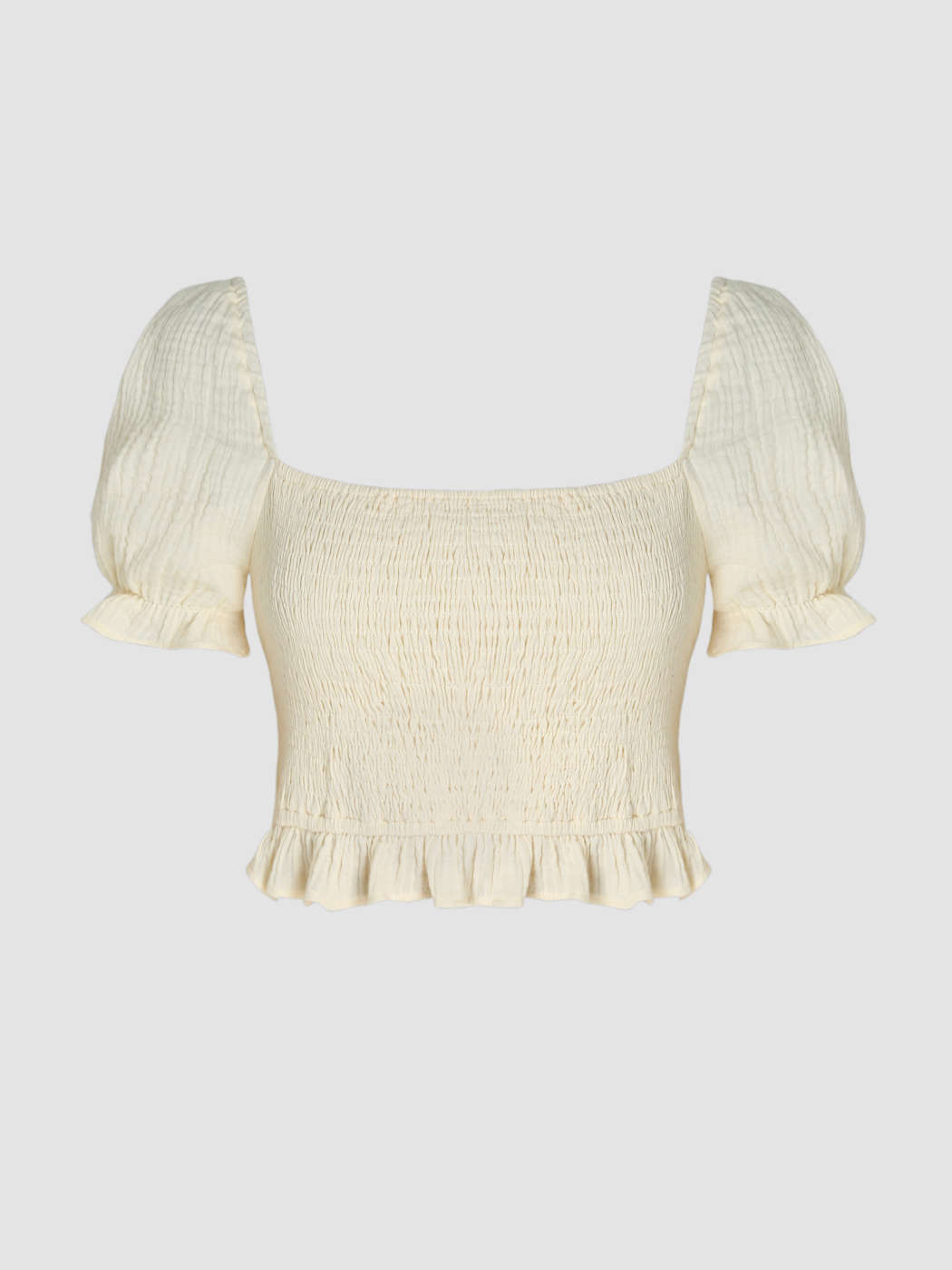 Knit Fabric Solid Square Neck Puff Sleeve Shirred Crop Top For