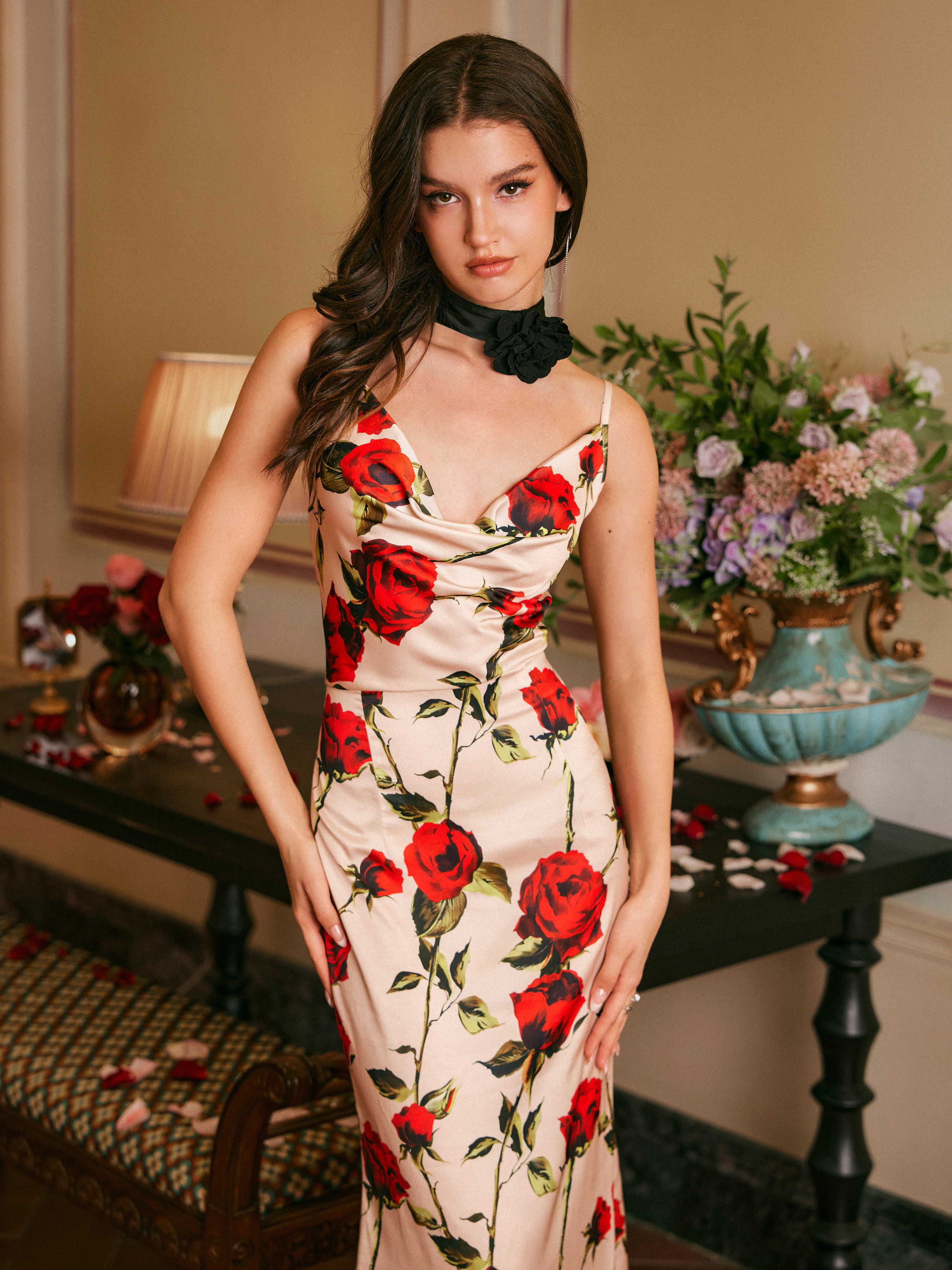 Satin Forgotten Rose Satin Maxi Dress For Daily Casual Date