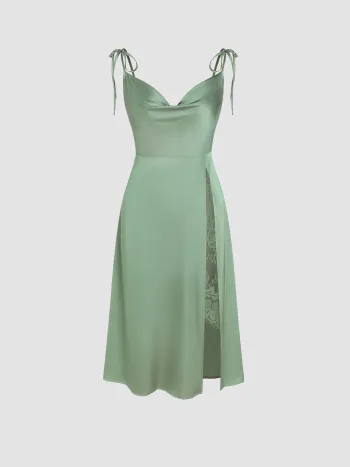 Satin Cowl Neck Lace Split Cami Midikleid