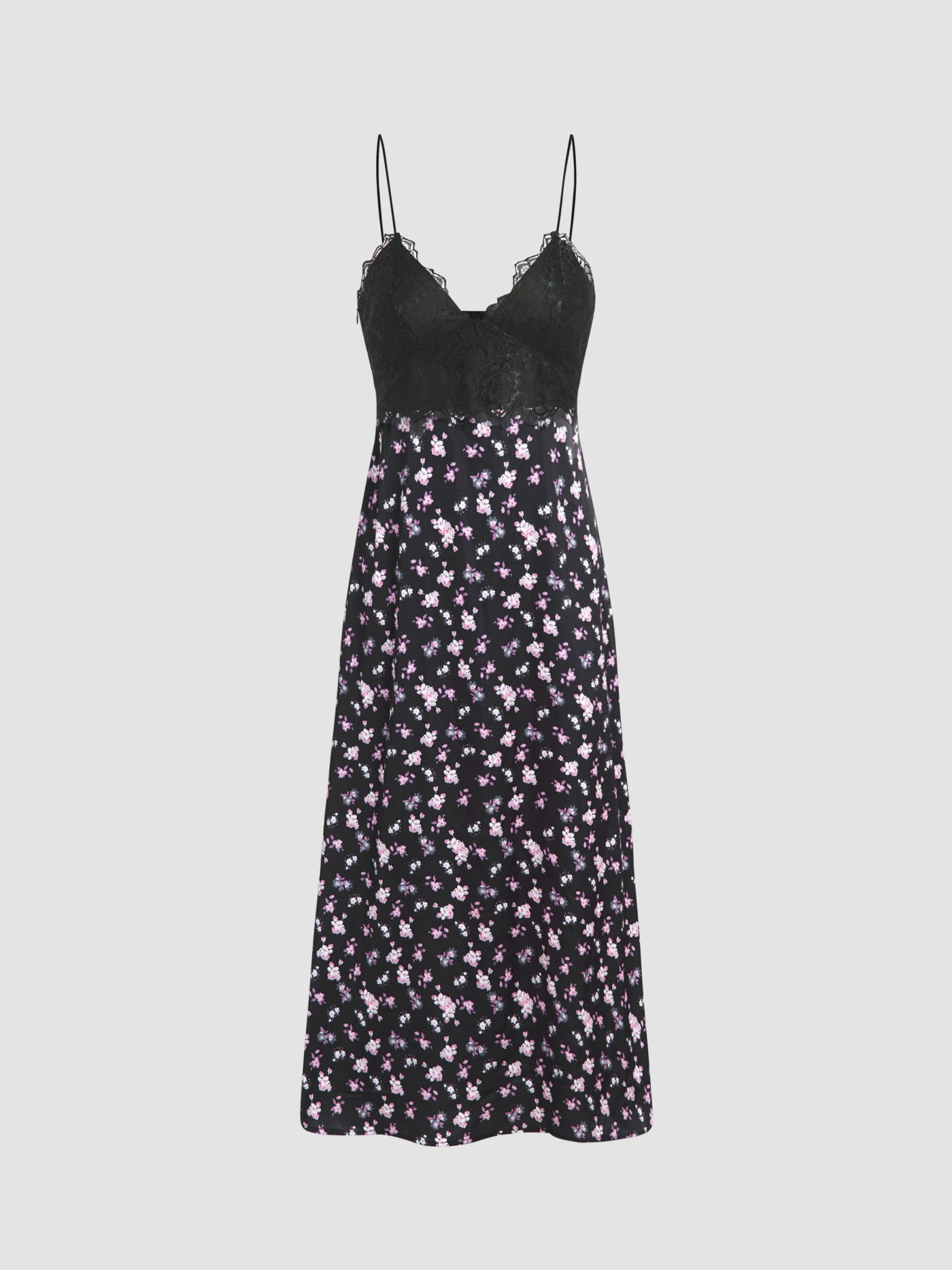 Floral V-neck Lace Trim Midi Dress
