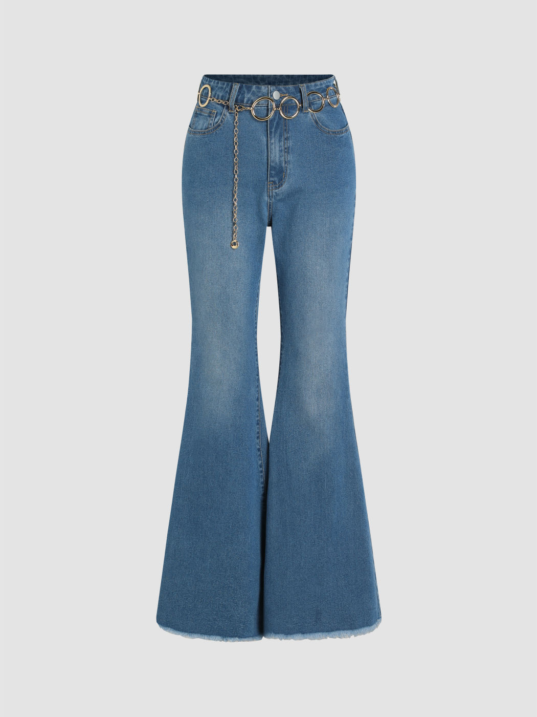 Denim Mid Rise Solid Belted Flared Jeans