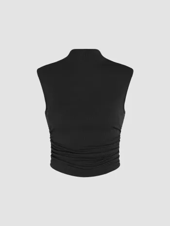 Solid High Neck Sleeveless Ruched Tank Top