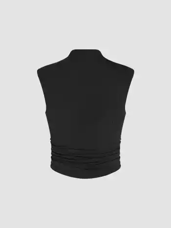 Solid High Neck Sleeveless Ruched Tank Top
