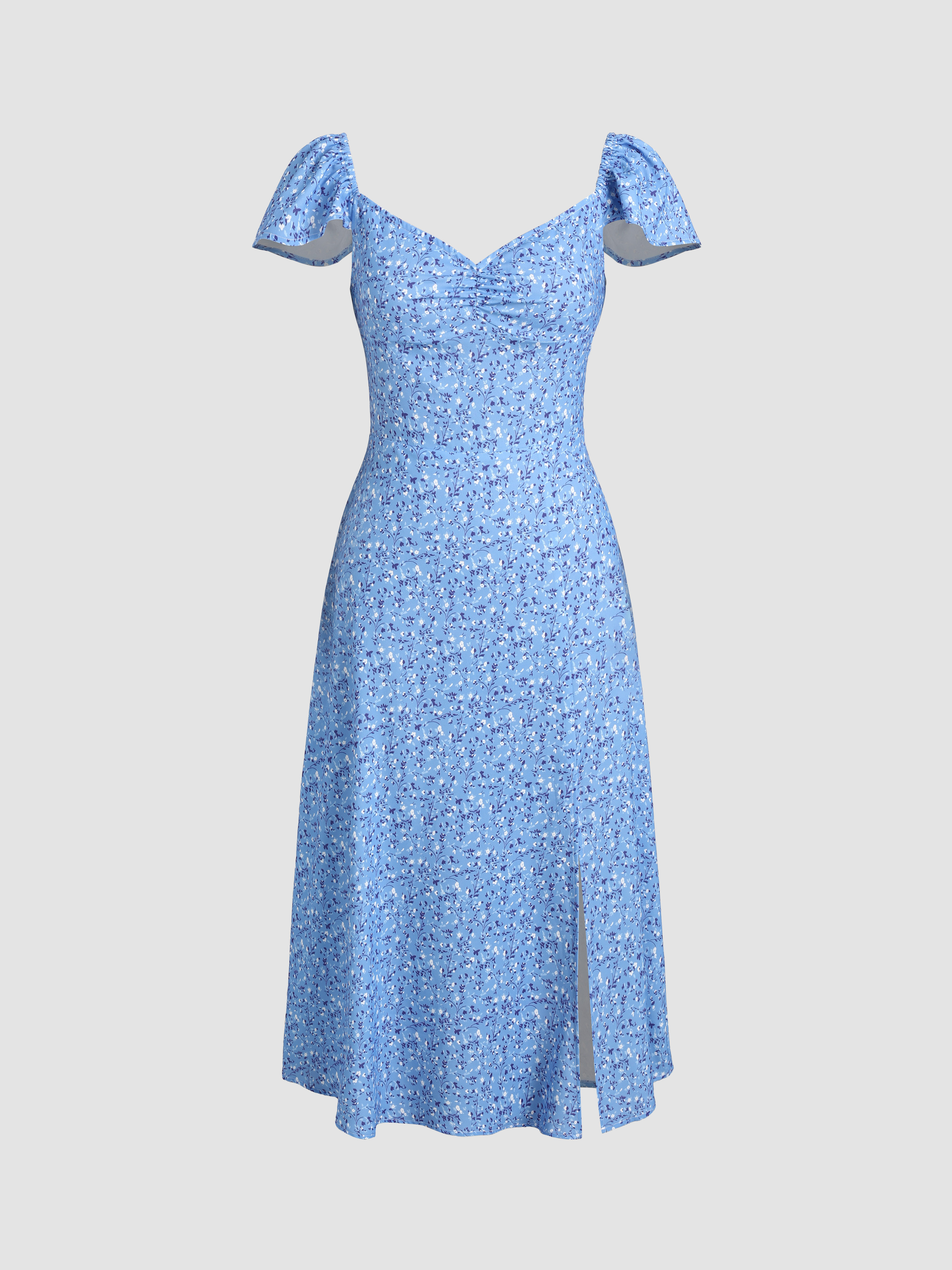 Ditsy Floral Shirred Split Midi Dress Cider