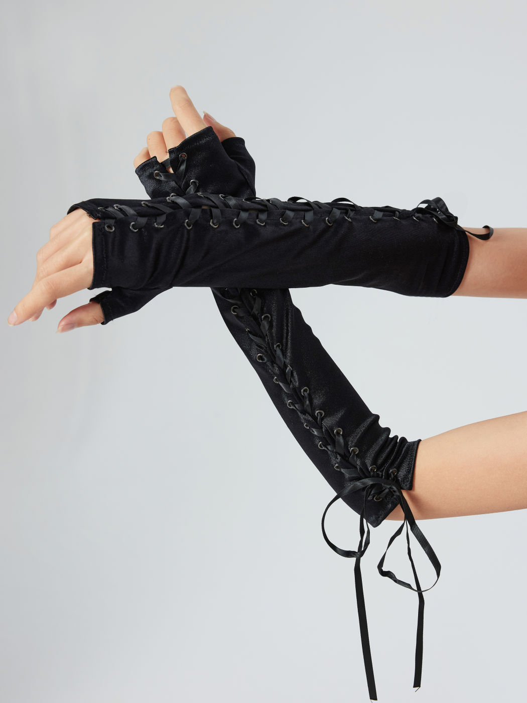 Lace Up Fingerless Long Gloves
