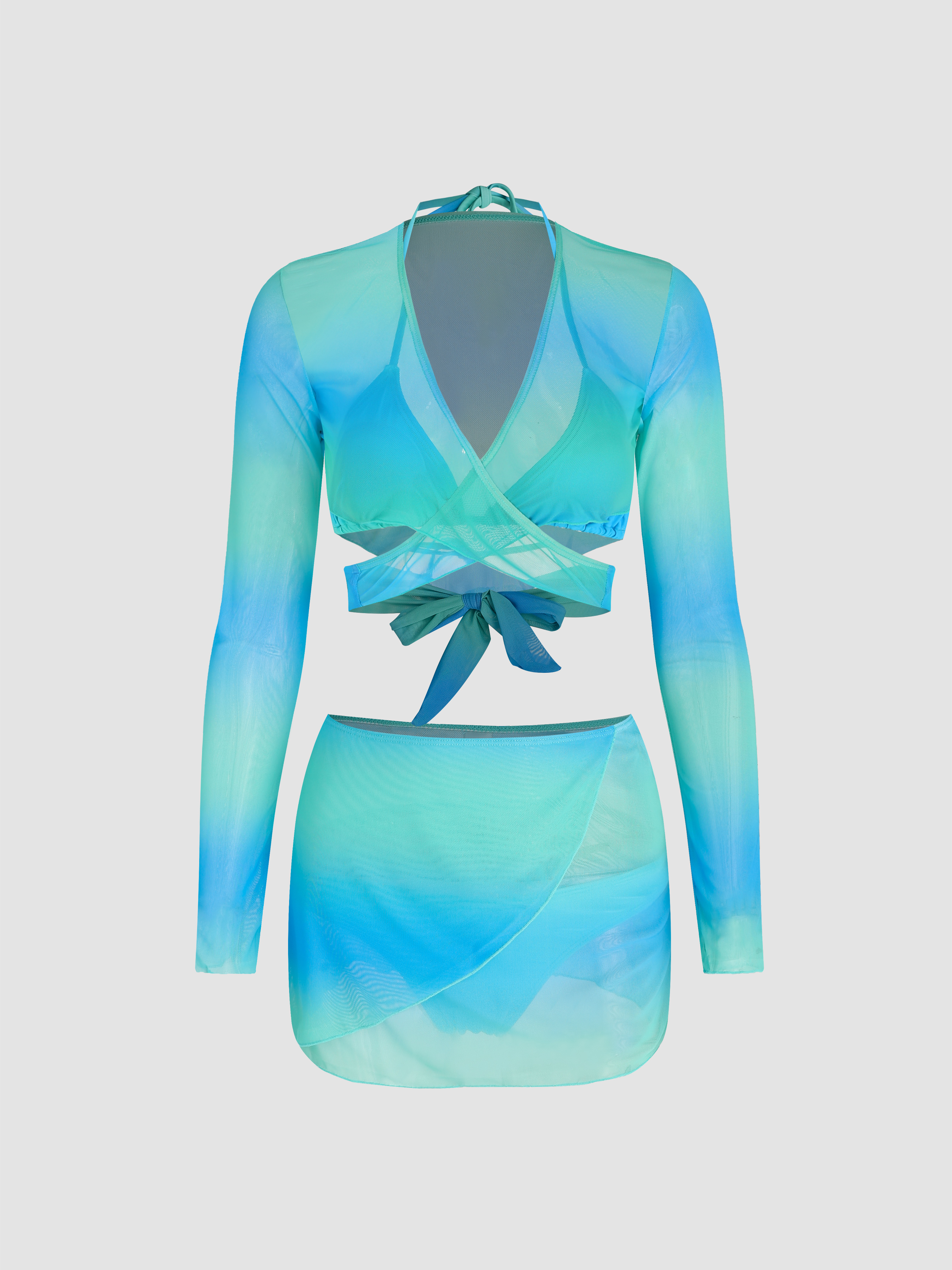 4pcs Abstract Pattern Bikini Swimsuit & Cover Up Set Cider