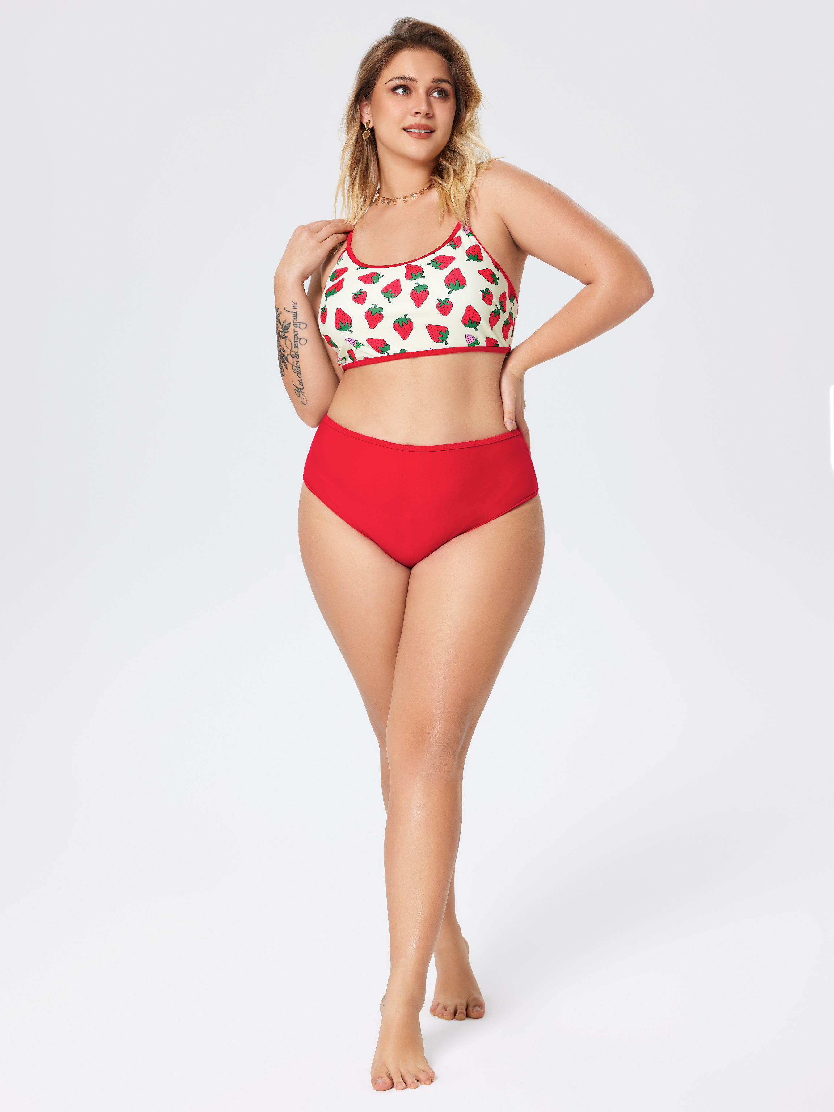 Cute Strawberry Print Tummy Control Bikini Set Curve Plus Cider