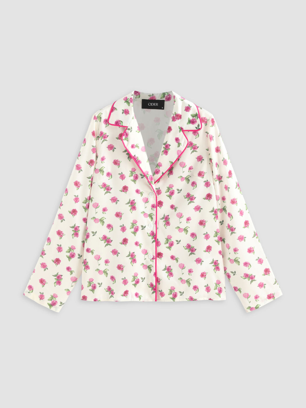  Satin Blumen V-Ausschnitt Knopfleiste Pyjama-Oberteil