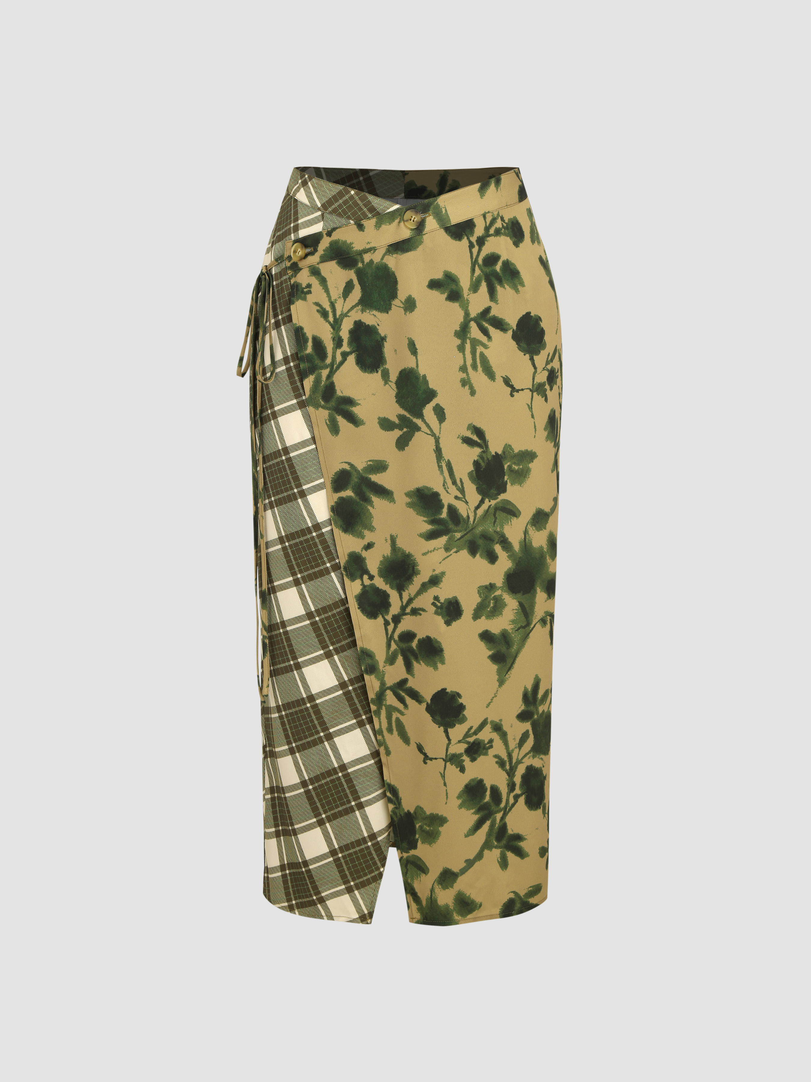 Check & Flowers Drawstring Long Skirt Cider