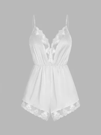  Satin-Spitzenbesatz V-Ausschnitt Lounge Overall