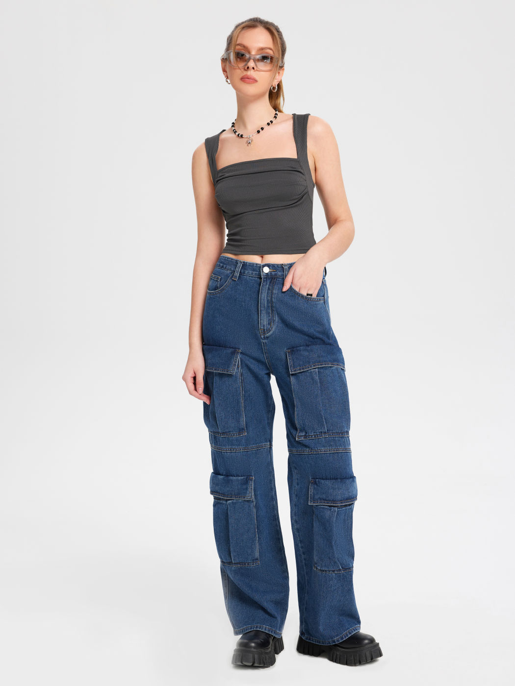 Solid Ruched Square Neck Crop Top