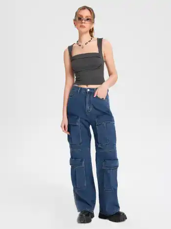 Ruched Col Carré Crop Tops Uni