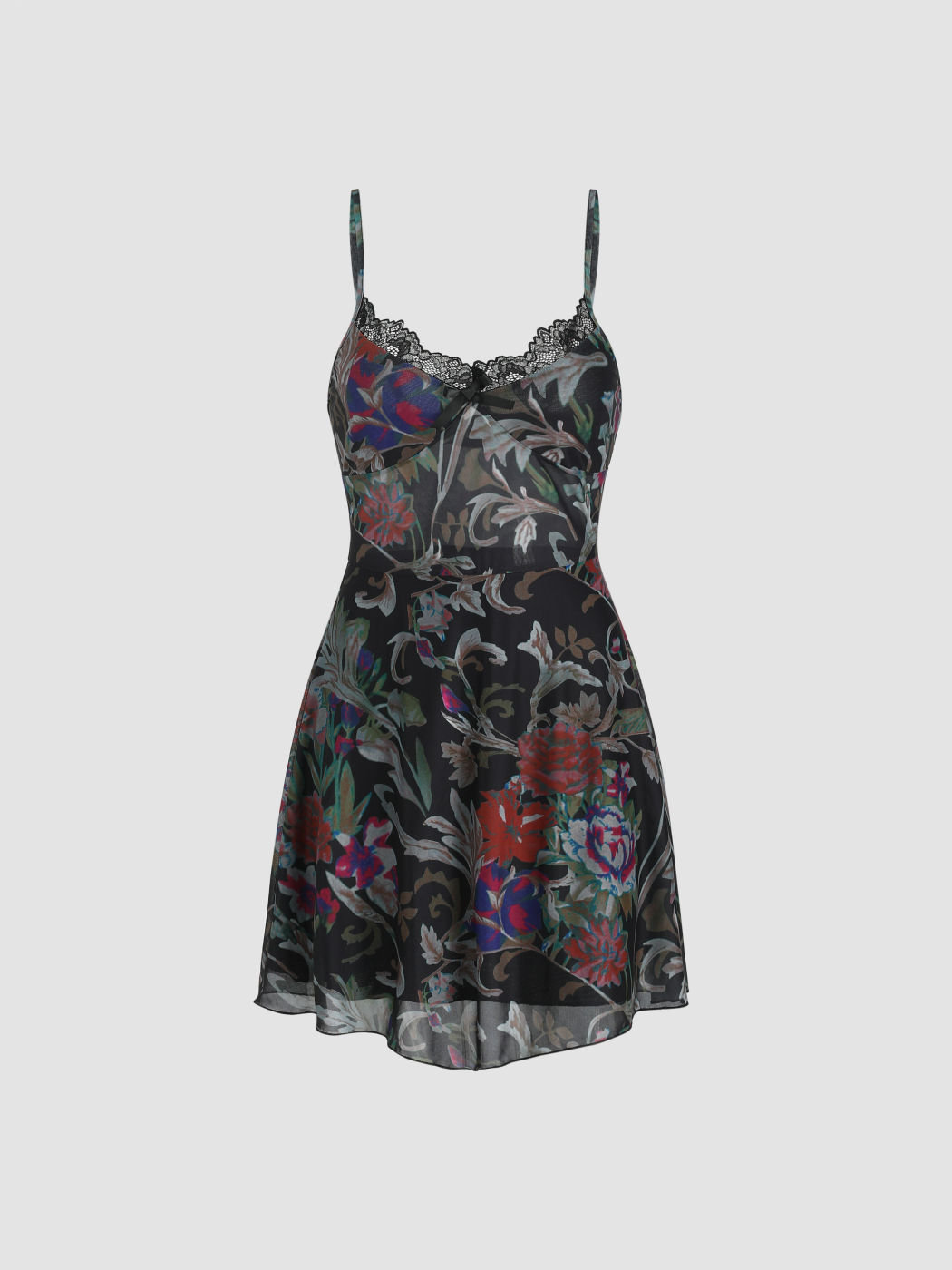 Floral Mesh Lace Trim Short Cami Dress