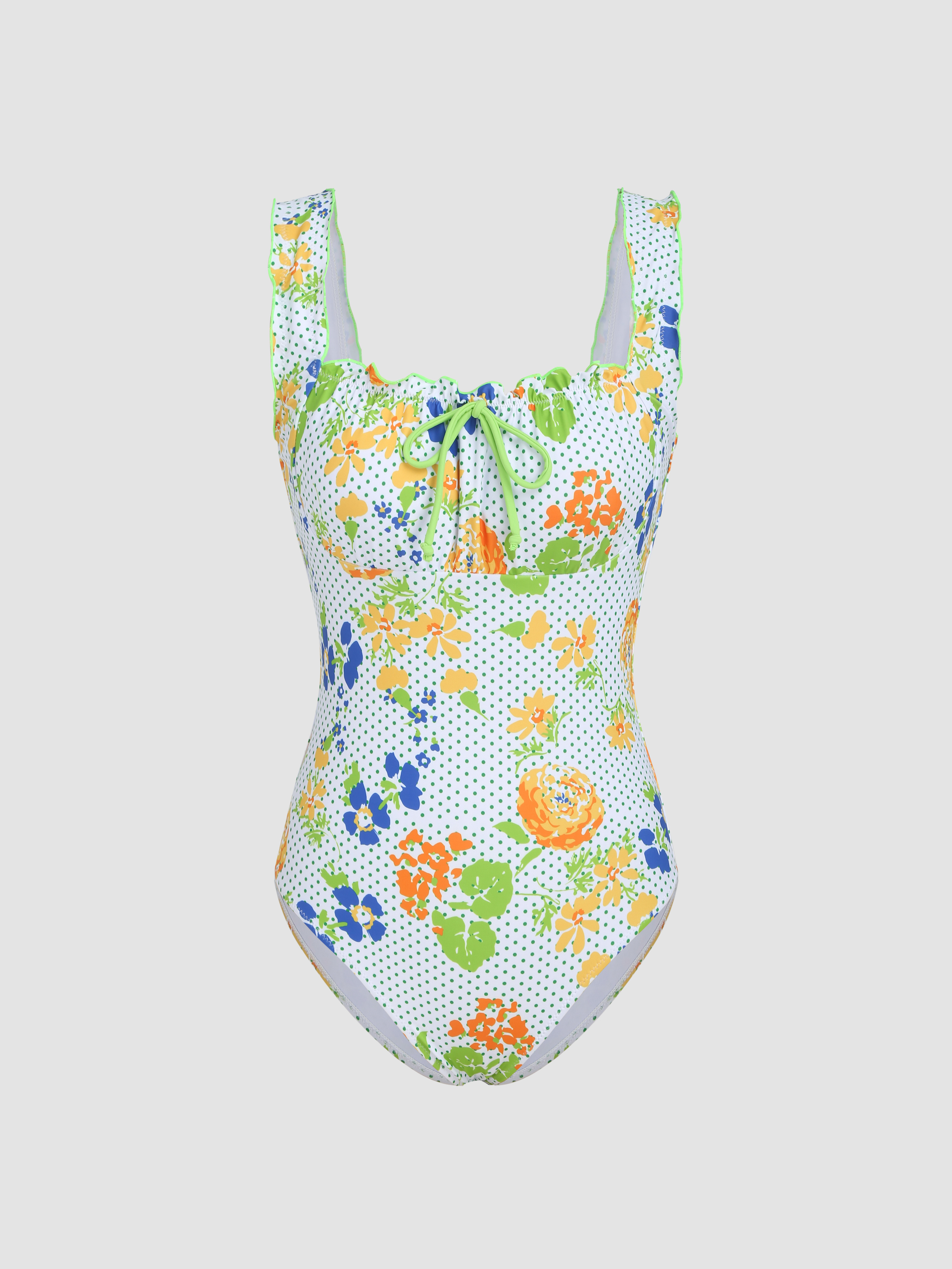 Knit Fabric Floral Polka Dot Print Ruched One Piece Swimsuit For ...