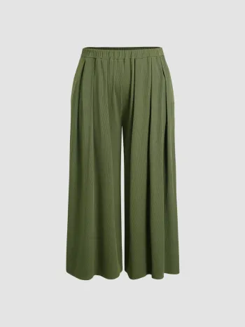 Solid Elastic Waist Pocket Wide Leg Pants Curve & Plus