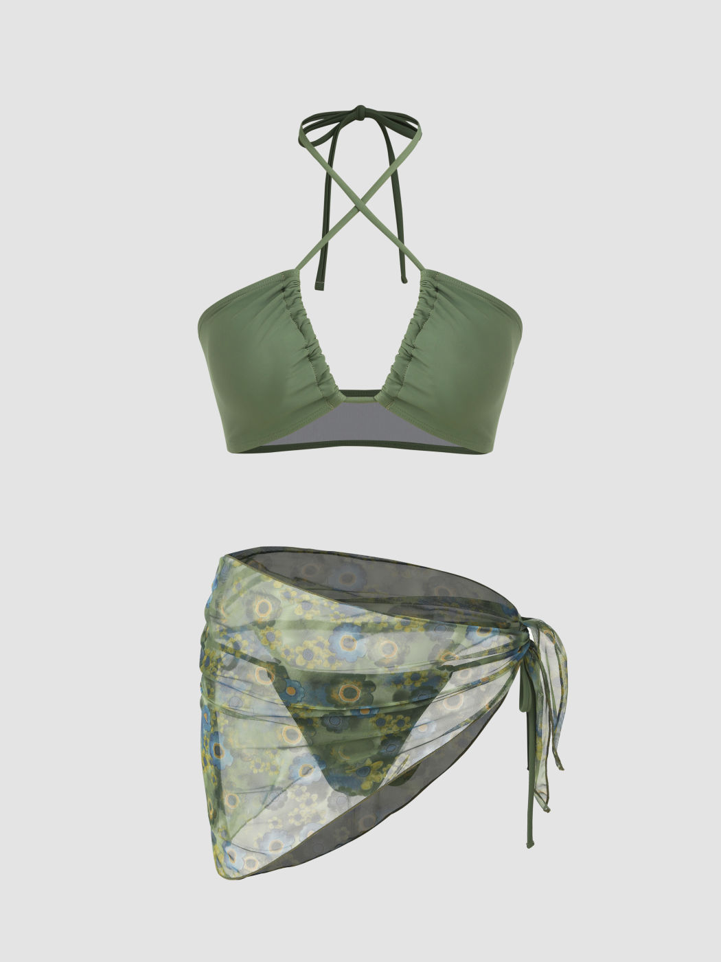  Ausgeschnittener Halter-Bikini mit floralem Sarong