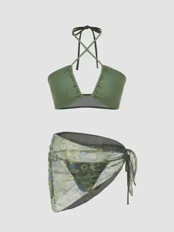  Ausgeschnittener Halter-Bikini mit floralem Sarong