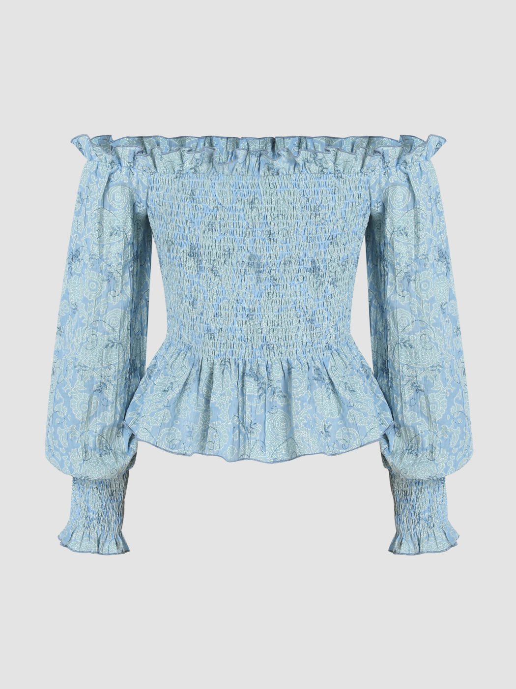 Geblümtes, schulterfreies, gerafftes Crop-Top mit Rüschensaum