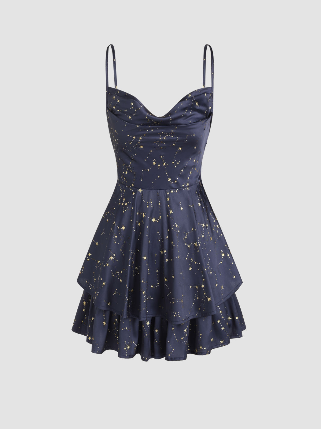 Satin Star Pattern Cowl Neck Ruffle Romper