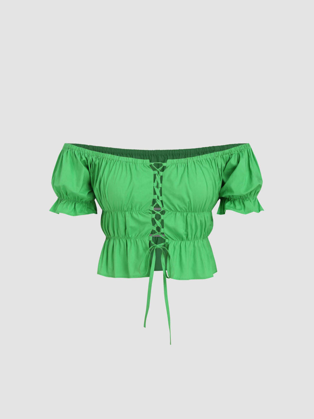  Einfarbiger schulterfreier Crop Top mit Schnürung und Ruchedung