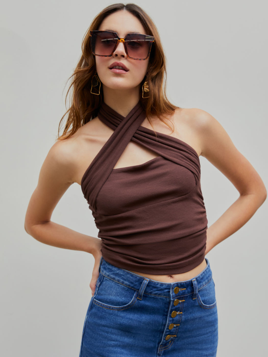 Zwei-Wege Einfarbiger Halter Crop Top