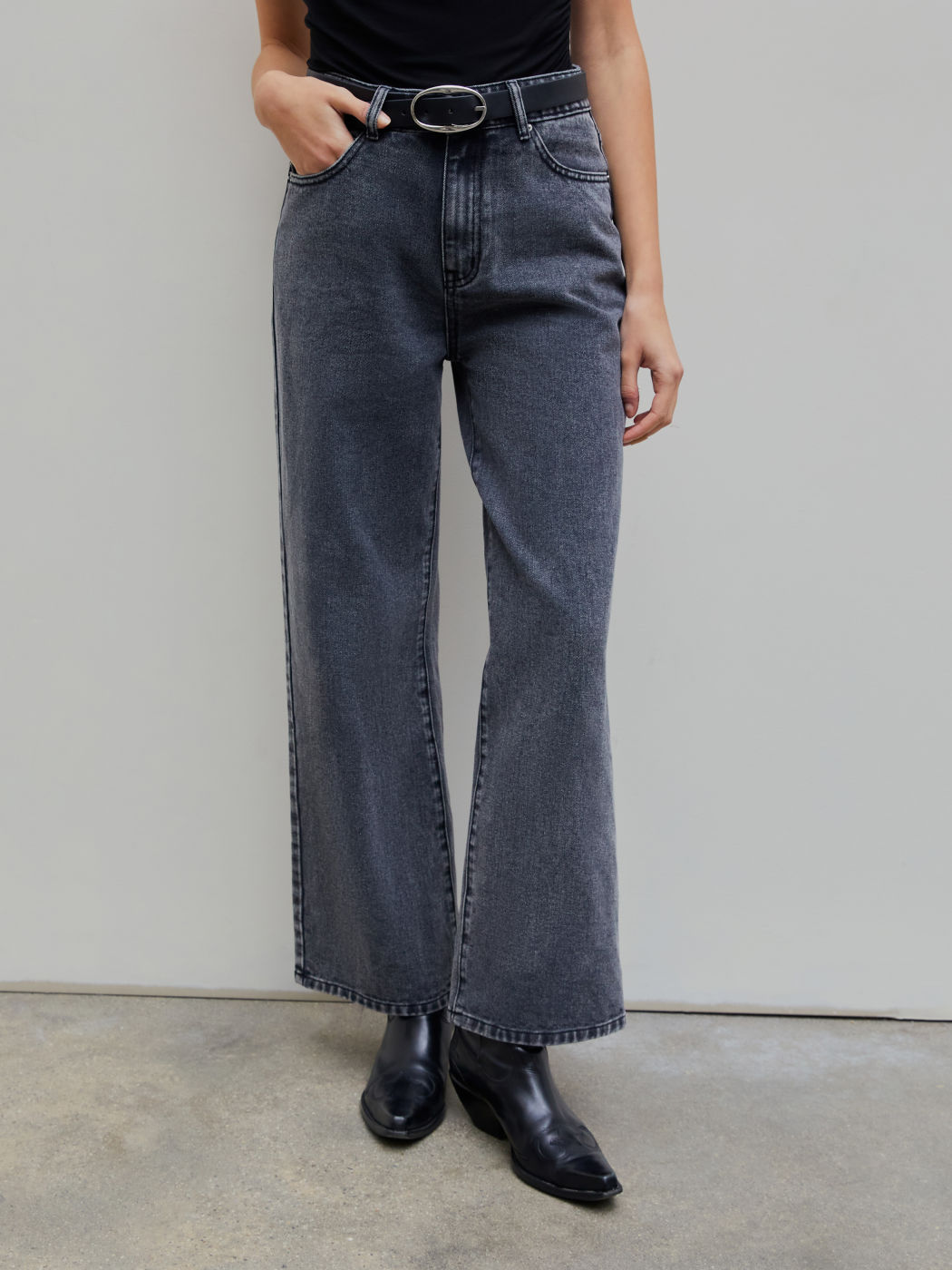 Denim Mid Rise Solid Wide Leg Jeans