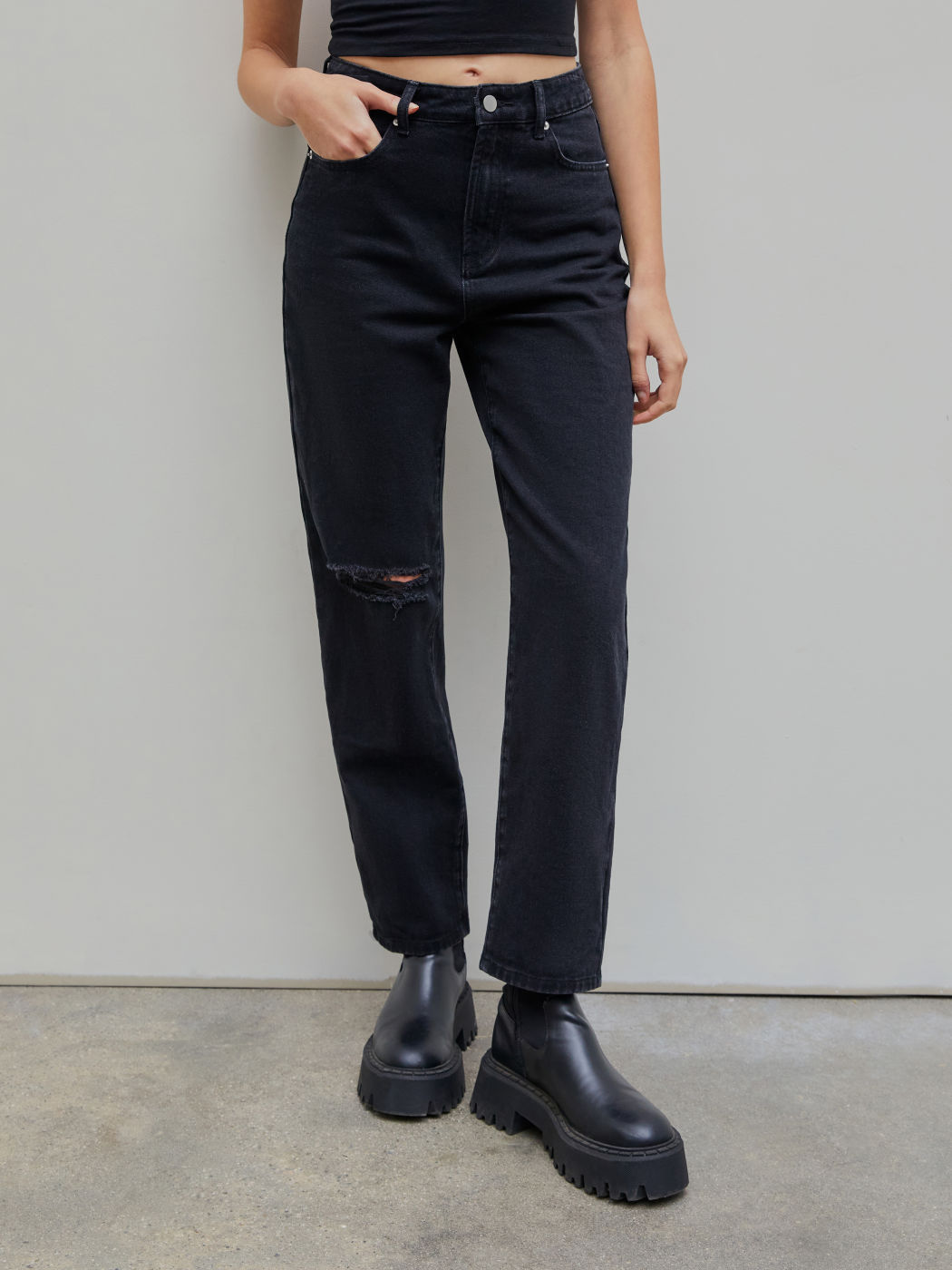 High Rise Solid Ripped Jeans