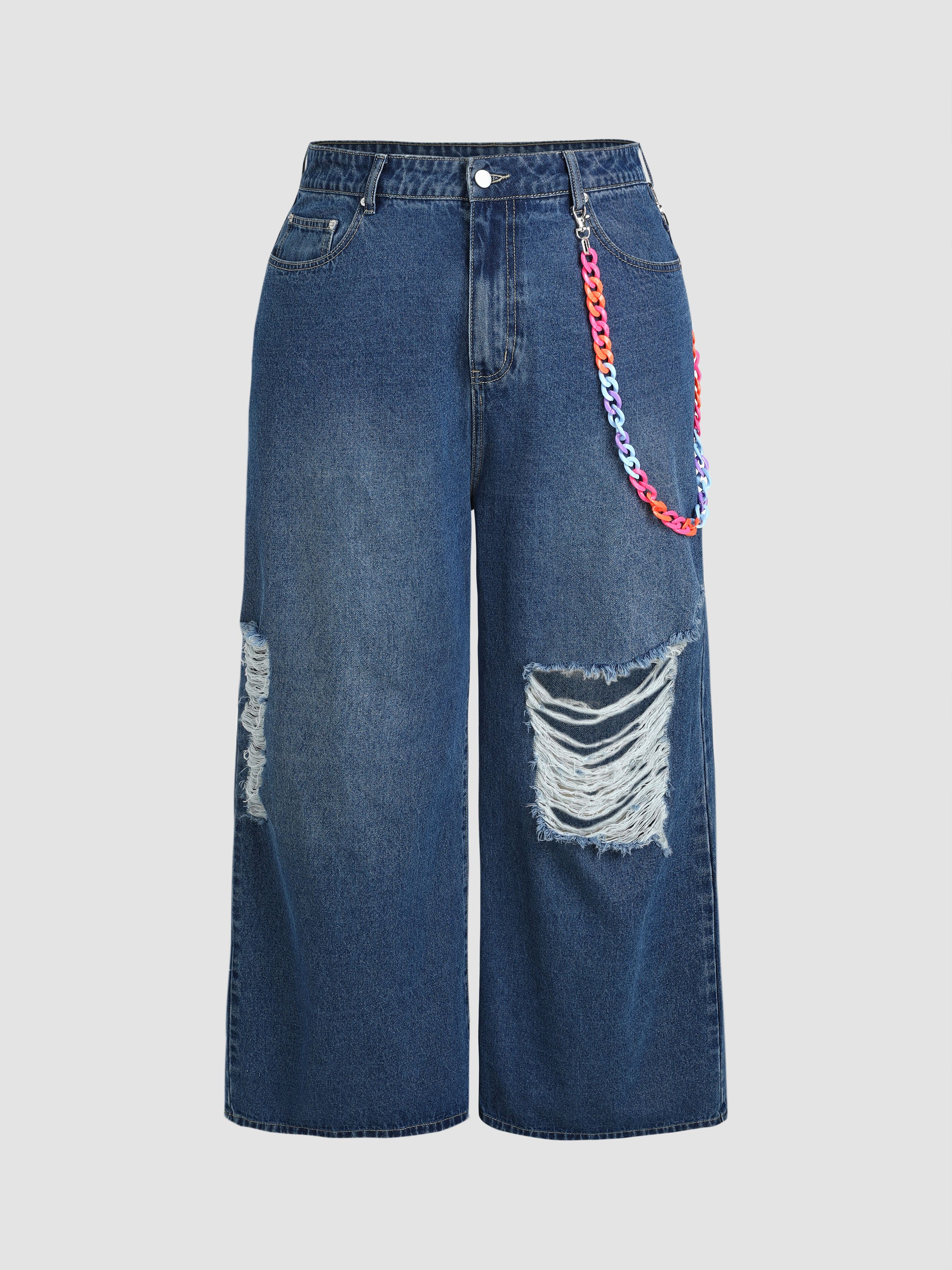 Ripped Wide Leg Jeans With Colorful Chain Curve & Plus Cider