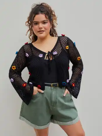 Frühlingsblüte 3D Blumen Häkel-Strickjacke Kurve & Plus