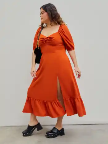 Square Neck Twist Slit Midi Dress Curve & Plus