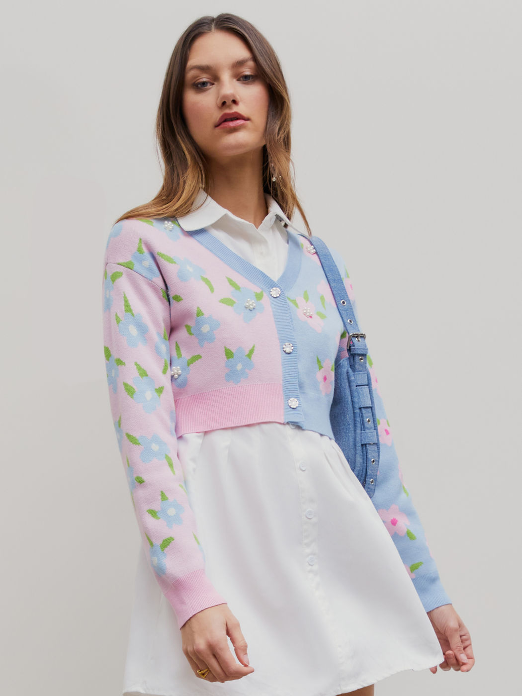 Two Tone Button Up Floral Faux Pearl Crop Cardigan
