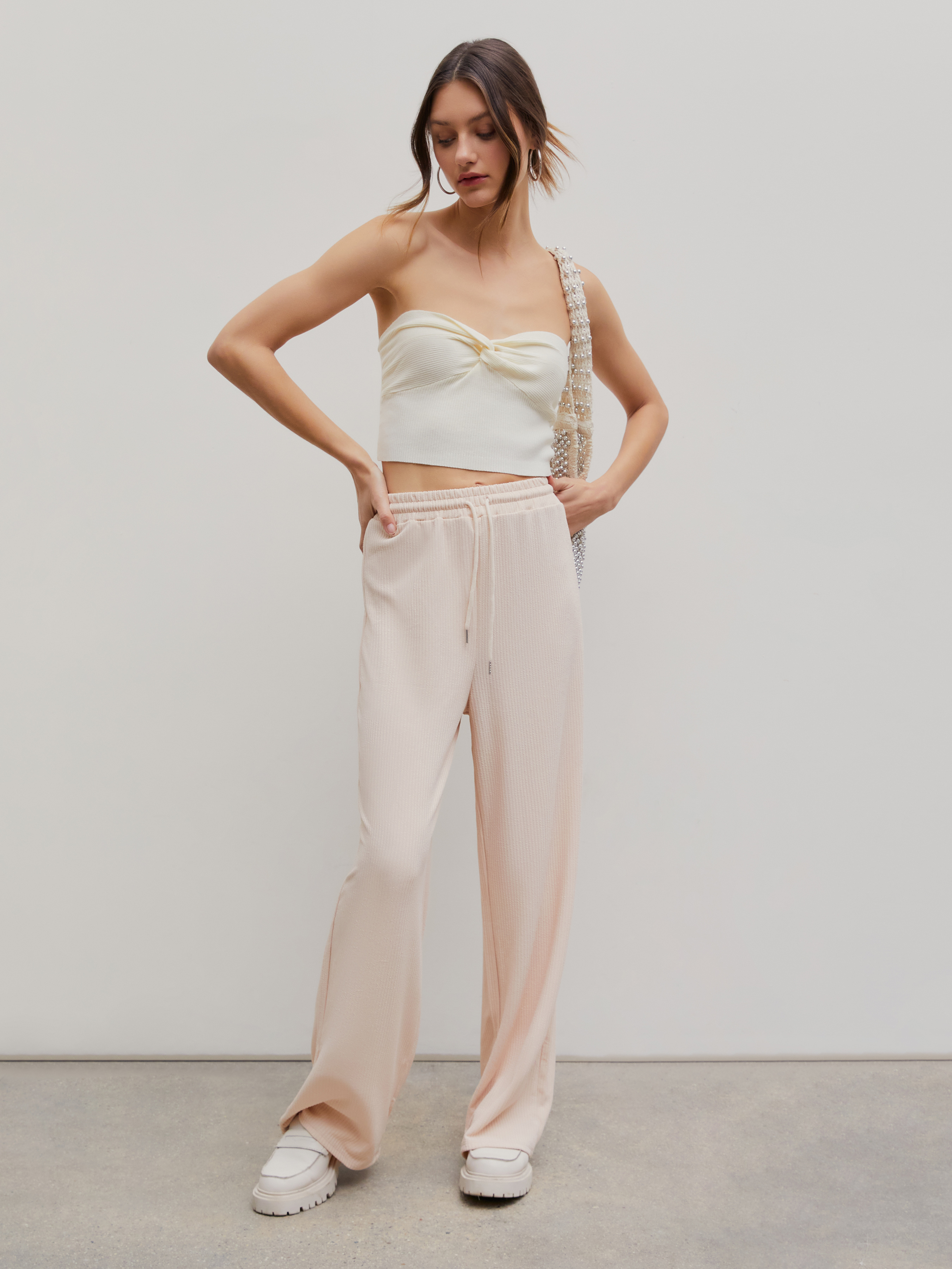 Wide Leg Pants Knit Fabric Solid Rib Drawstring Wide Leg