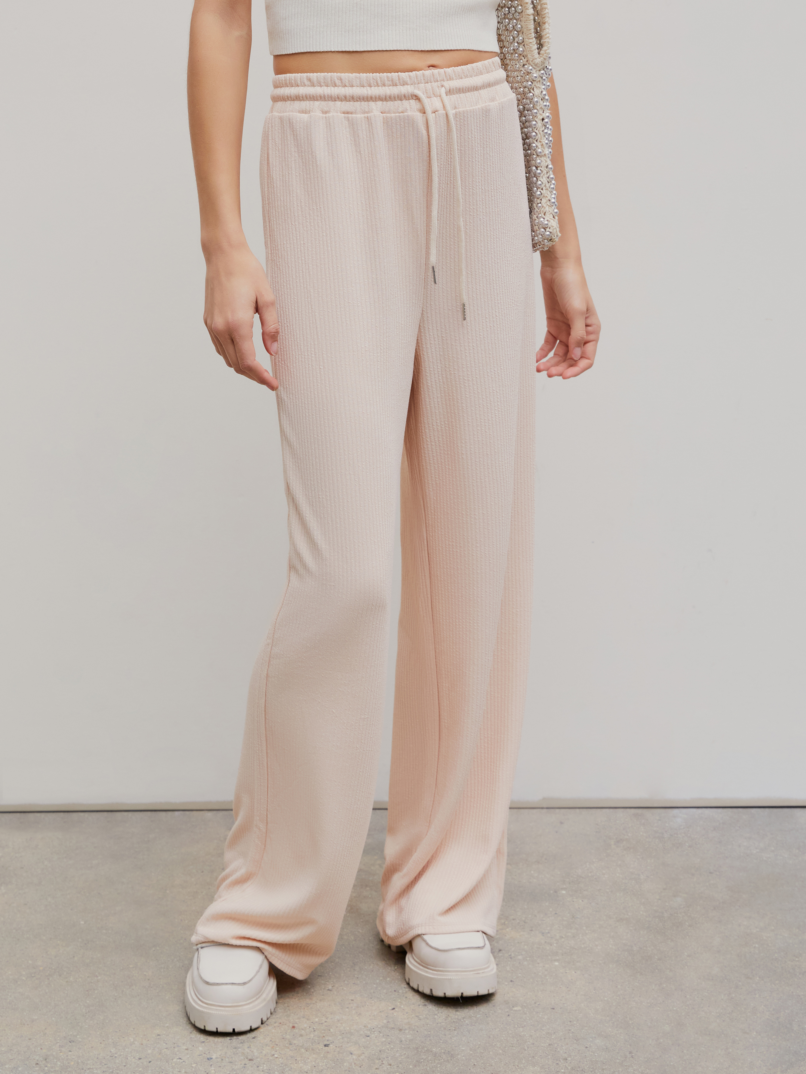 Wide Leg Pants Knit Fabric Solid Rib Drawstring Wide Leg