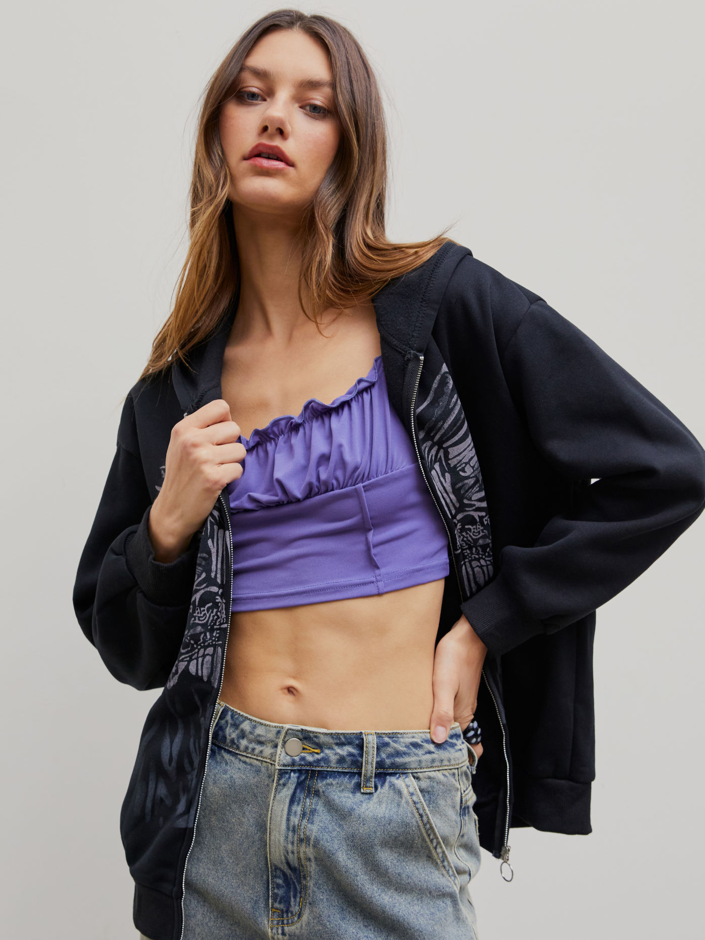 Sweat à capuche oversize avec fermeture éclair et motif graphique