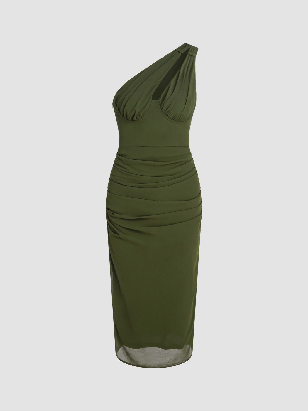 Figurbetontes Midikleid mit asymmetrischem Ausschnitt und Rüschen