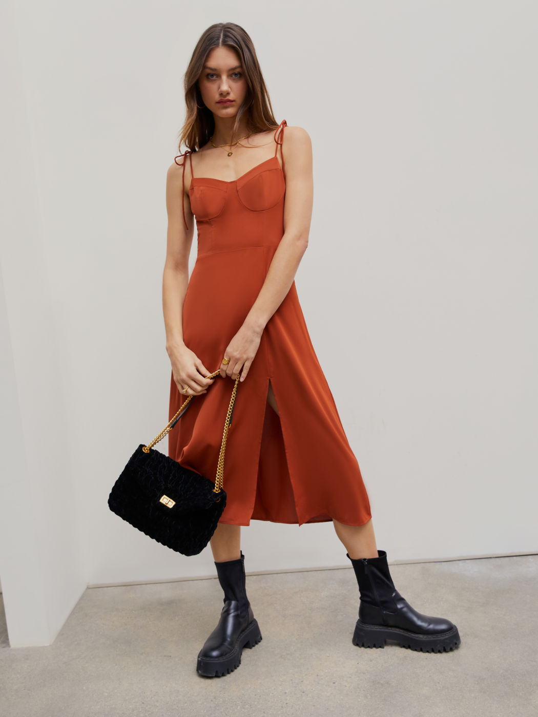 Solid Cami Knotted Slit Midi Dress