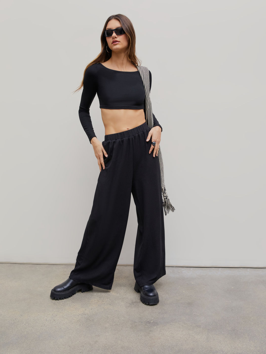 Solid Knitted Crop Top &  Wide Leg Trousers Set