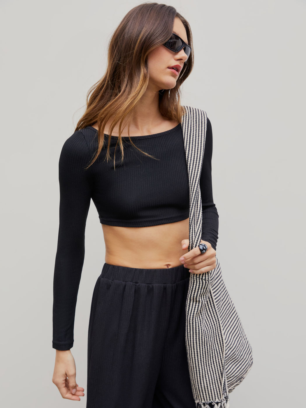 Solid Knitted Crop Top &  Wide Leg Trousers Set