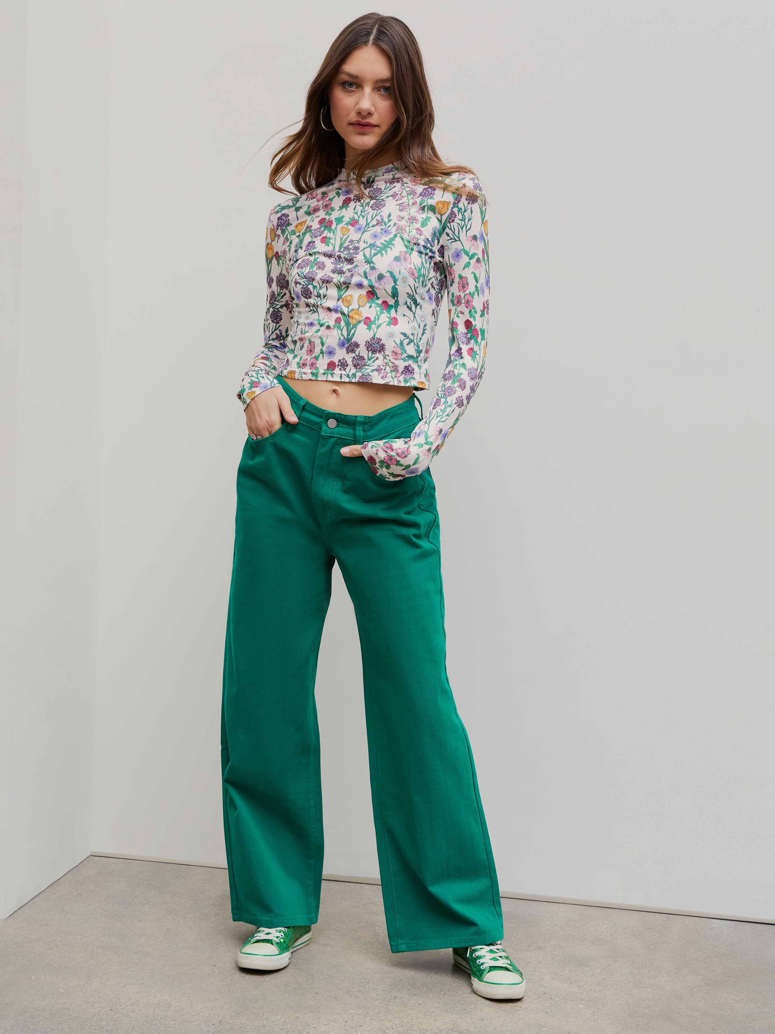 Floral Knitted Long Sleeve Top For Picnic