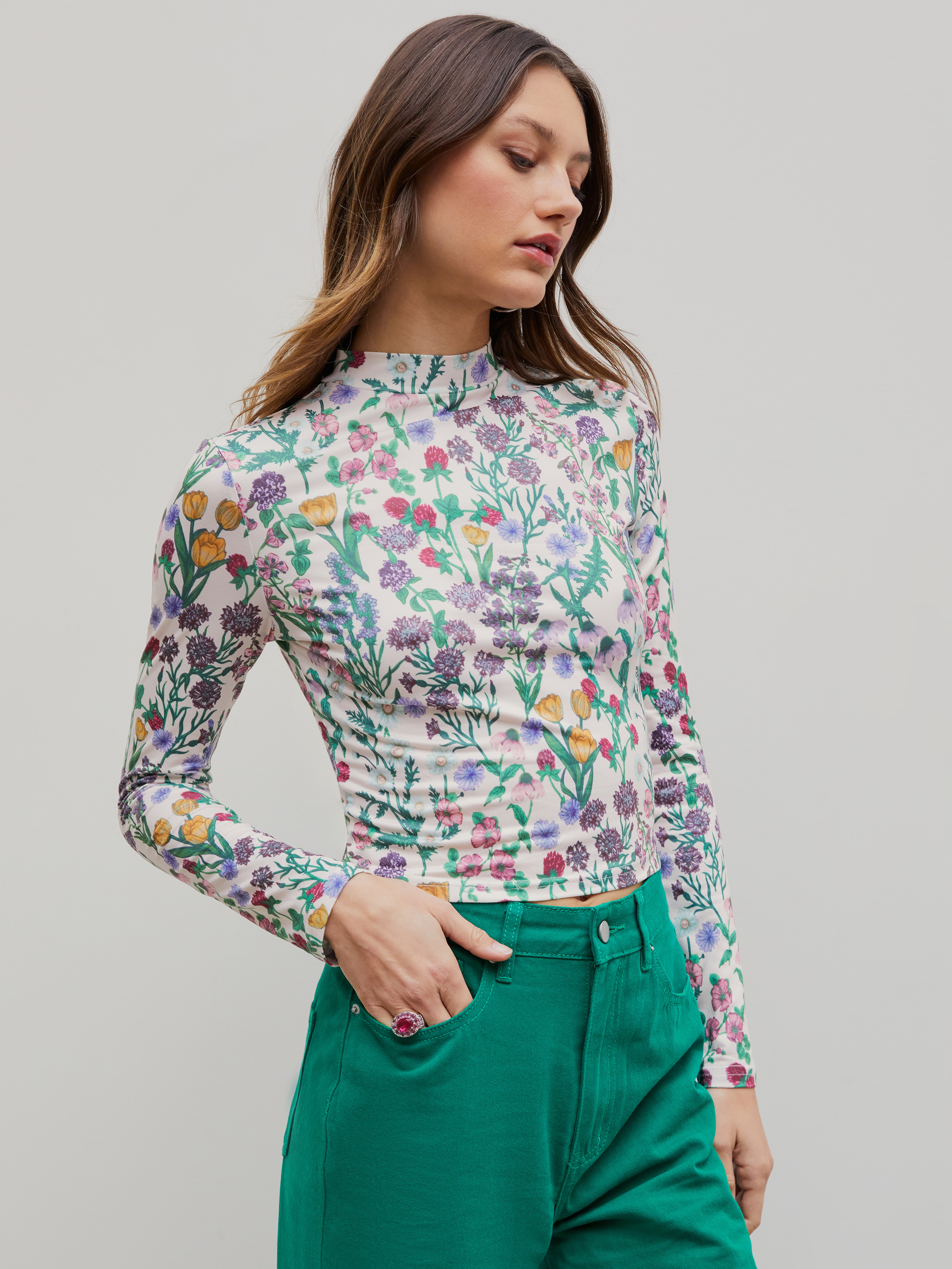 Floral Knitted Long Sleeve Top For Picnic