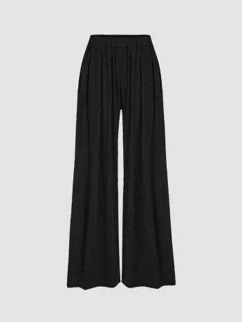 Solid Elastic Waist Wide Leg Pants